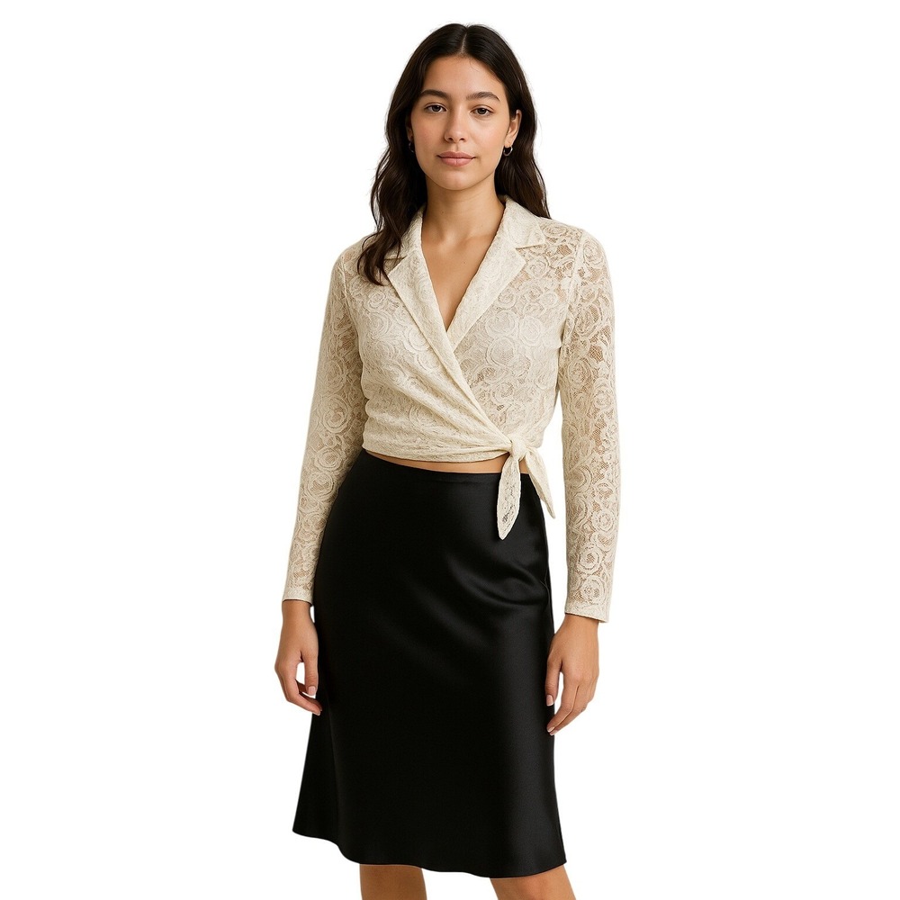 Spiegel Womens Blouse Vintage Ivory‎ Lace Cropped Wrap Tie Waist Coquette Blouse